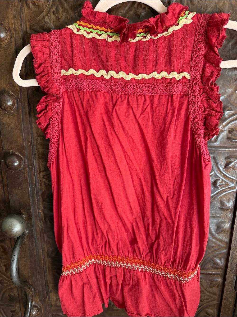 Double D Ranch Red Sleeveless Ruffle Tie-Neck top - Picture 3 of 3